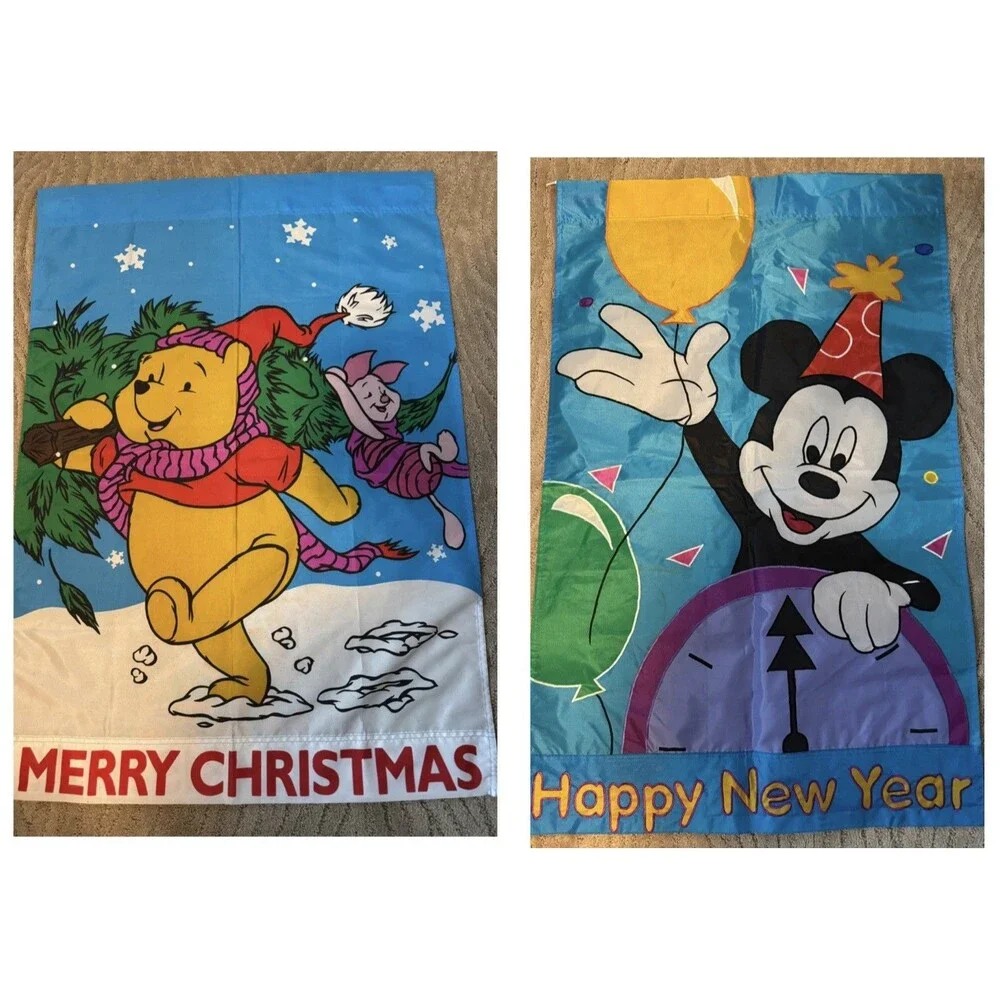 vintage 90s disney Winnie the Pooh & Mickey Holiday Yard Flags